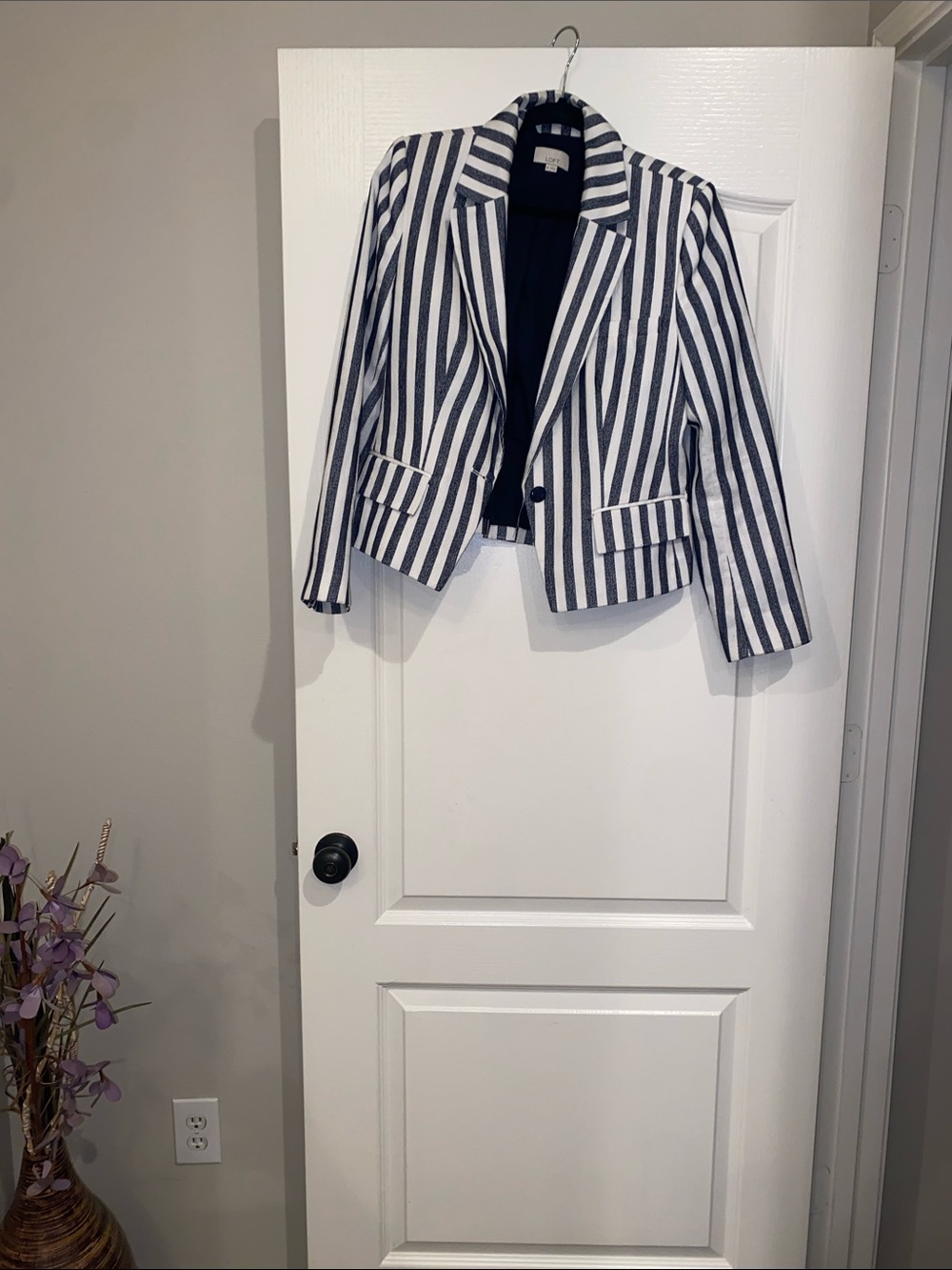 LOFT Navy and White Striped Cropped Blazer